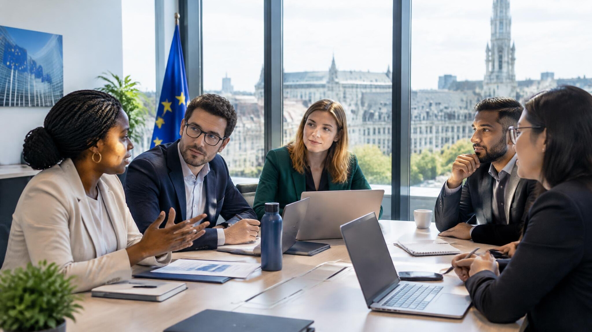 Bright modern meeting room with people discussing around a table